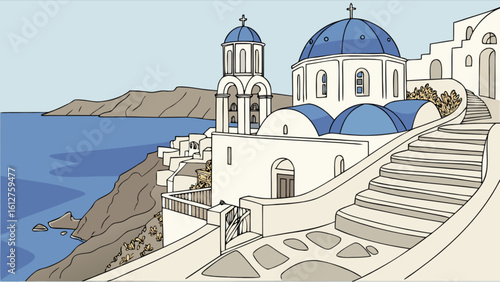 Santorini greece travel destination mediterranean architecture white buildings blue domes church scenic view