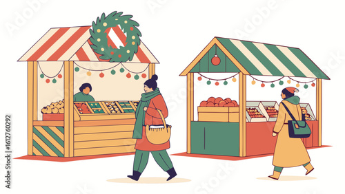 Charming Christmas Market Illustration: Festive Stalls, Shoppers, and Holiday Cheer in a Vintage Style