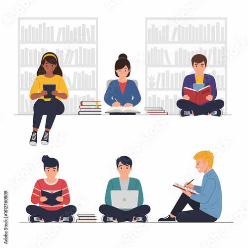 Diverse group of students and learners engaging in various study activities, including reading books, writing, and using laptops, in a library-like environment.