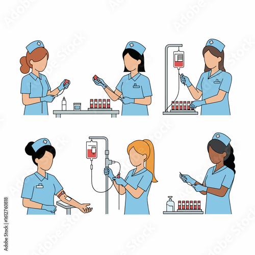 Nurses performing various medical procedures including blood collection, IV drip setup, and sample handling in a healthcare setting illustration.