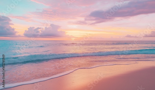 Fototapeta Naklejka Na Ścianę i Meble -  Beautiful pink sunset on paradise beach with pastel colors and dreamy Caribbean seascape