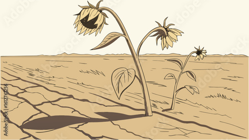 Illustration of dying sunflowers in drought landscape climate change and environmental issues concept art drawing