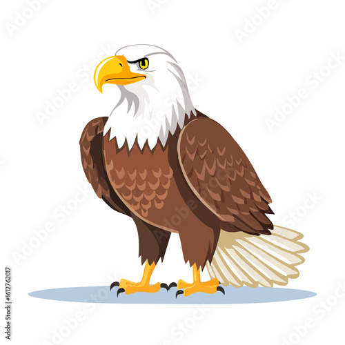A majestic cartoon bald eagle illustration standing tall with piercing gaze and patriotic symbolism