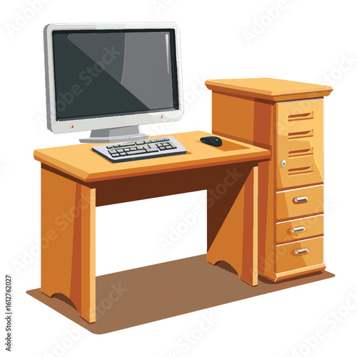 Cartoonish Wooden Desk with Computer Keyboard Mouse and Storage Cabinet
