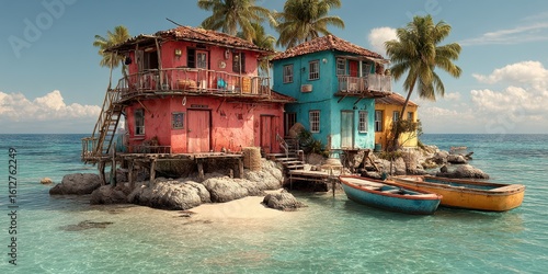 Fototapeta Naklejka Na Ścianę i Meble -  Colorful coastal houses surrounded by turquoise water and palm trees in a tropical paradise