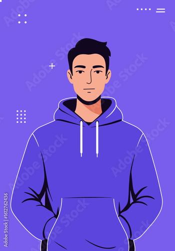 Confident Young Man in Hoodie Flat Style Portrait Vector 