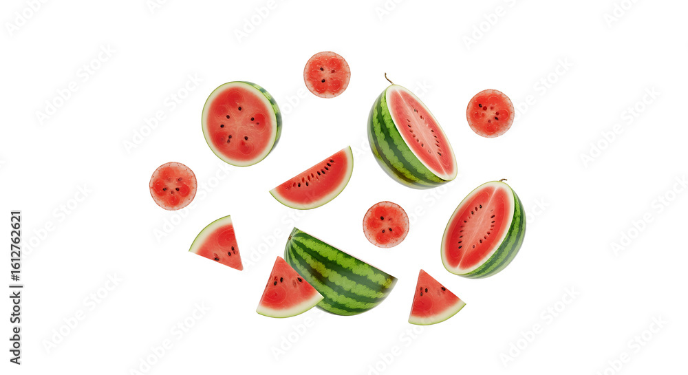 Naklejka premium Juicy Watermelon Slices and Halves in Dynamic Flight.