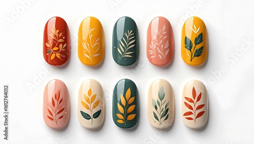 Assortment of stylish oval nails with botanical leaf designs