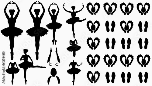 Silhouette images showing ballerinas in various poses and foot prints in black and white illustration