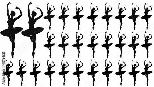 Silhouette pattern of ballerinas in various poses against a white background in a repeating arrangement