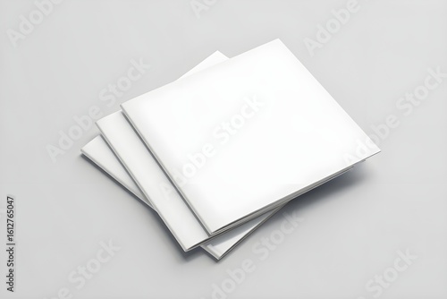 Three blank, square, white brochures stacked on a light gray background.