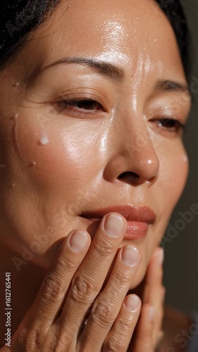 Elegant portrait of an Asian mature woman with glowing skin and natural make-up. Perfect for beauty, skincare, and cosmetics promotions, showcasing high-quality and natural beauty concepts. 