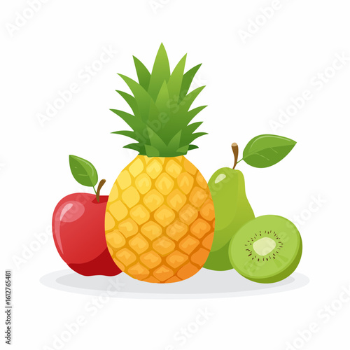 A vibrant display of fresh and colorful fruits, featuring pineapple, apple, pear, and kiwi
