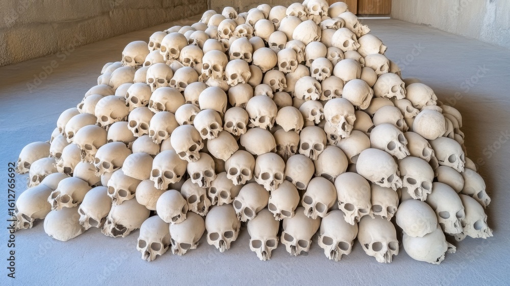 Obraz premium A large pile of human skulls arranged on the floor in an indoor setting