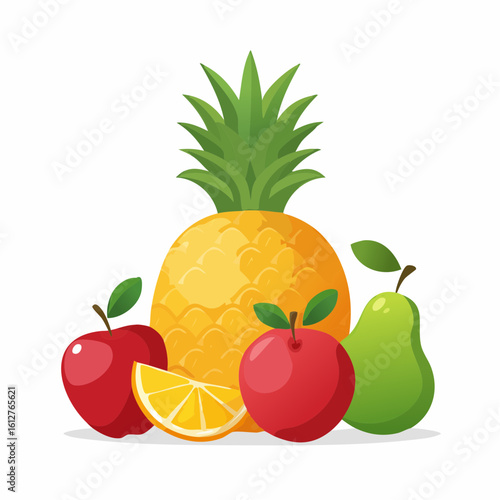 Vibrant Still Life: Cartoon Pineapple, Apples, Pear, and Orange Slice on White Background