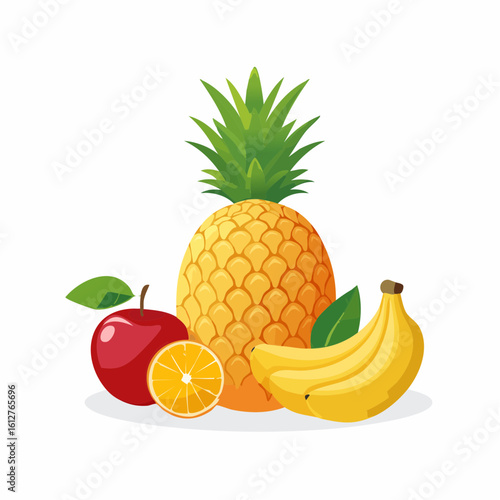 Vibrant Assortment of Fruits: Pineapple, Apple, Orange, and Banana on White Background