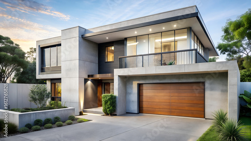 Modern suburban home with white walls, concrete texture, and metal accents
