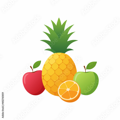 Vibrant assortment of fresh tropical and temperate fruits arranged on a white background