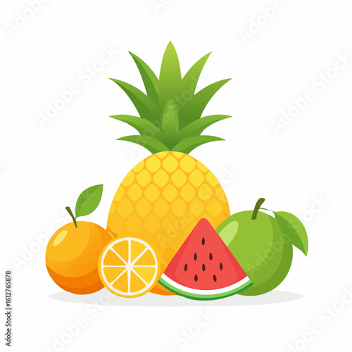 A vibrant still life of various fruits with a pineapple in the center creating summery feel