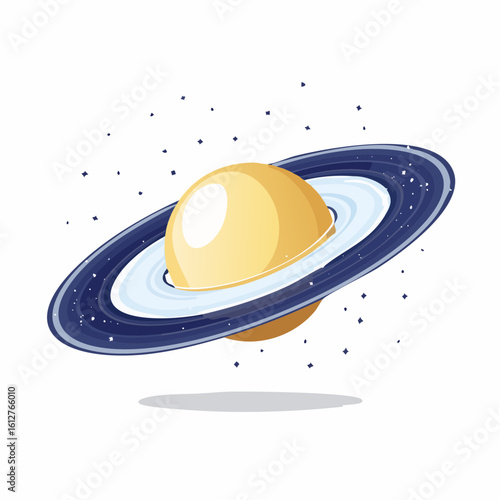 Cartoon depiction of saturn against white backdrop with starry details orbiting planet