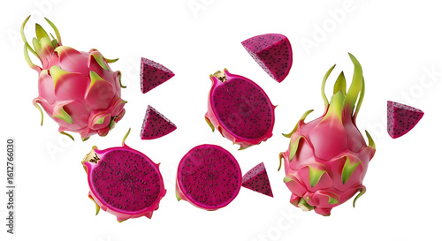 Vibrant Pink Dragon Fruit with Slices in MidAir.