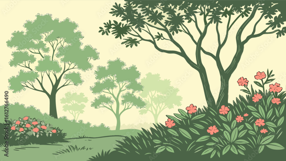 Obraz premium Drawing of a serene garden landscape with blooming flowers and lush trees in a peaceful setting outdoors