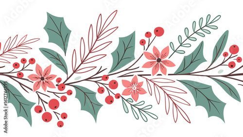 Elegant christmas floral border design with holly leaves berries and flowers for holiday season decoration