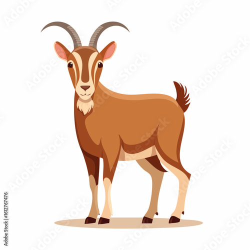 Cartoon goat illustration standing on white background with curious expression