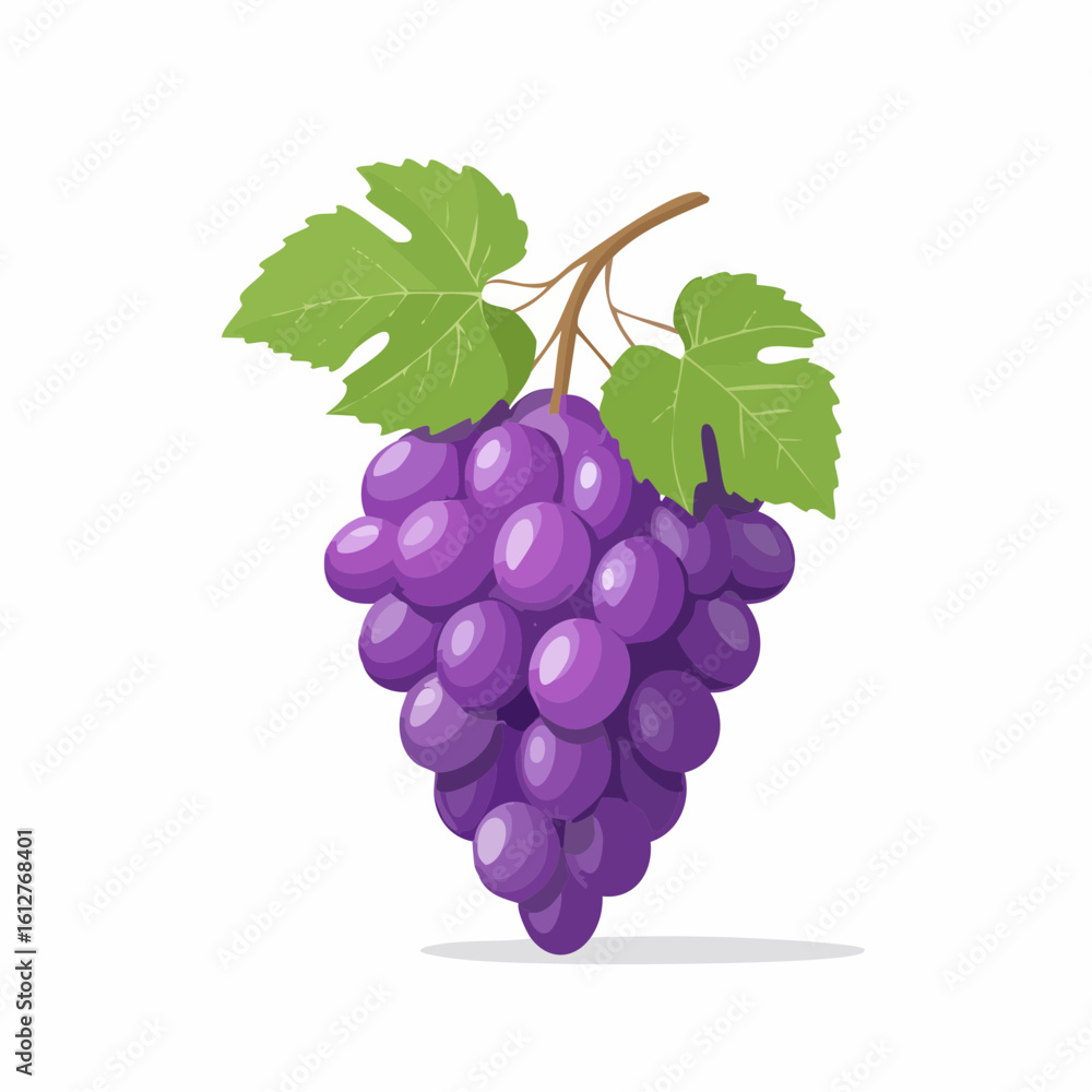 Fototapeta premium Illustration of vibrant purple grapes with green leaves on a white background