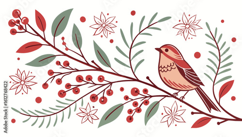 Winter bird on branch with berries and leaves seasonal holiday christmas illustration vector graphic design