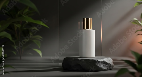 Wallpaper Mural Luxury White Cosmetic Bottle on Marble Pedestal with Natural Green Leaves – Skincare Product Mockup Torontodigital.ca