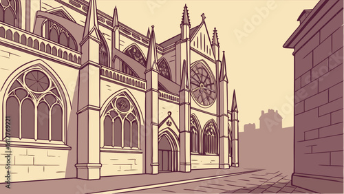 Illustration of gothic architecture cathedral church building facade and street view in urban landscape