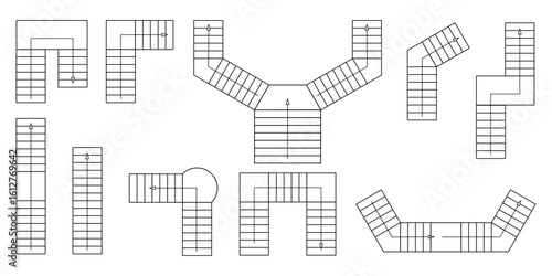 Stairs for floor plan top view. Blueprint interior project. Architectural elements. Straight single-marsh, l-shaped, u-shaped, with running steps. Vector illustration on a transparent background