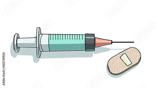 3D vector illustration of syringe and adhesive bandage for injections and vaccination