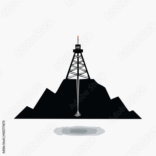 Vector icon of a fossil fuel extraction derrick on a mountain, symbolizing industrial energy exploration and production.