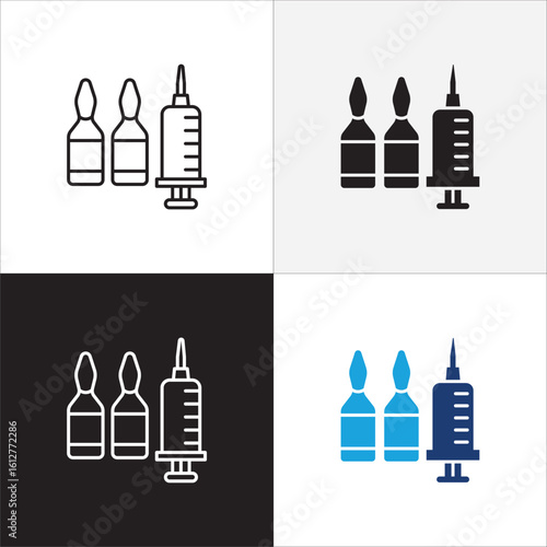 Syringe and bottle ampoule icon. Syringe and vaccine icon. Medical shot symbol.
