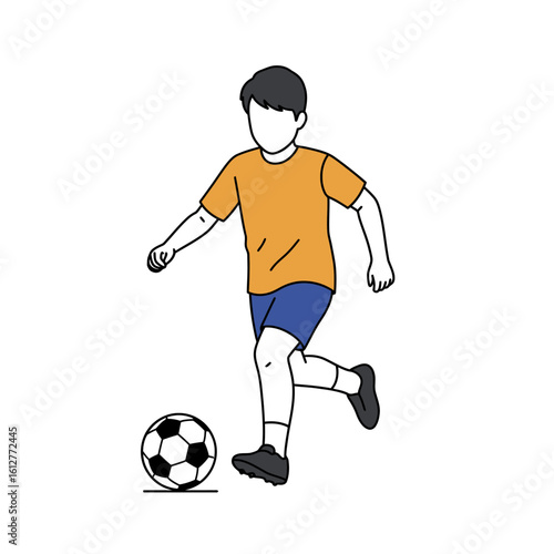 A simple line drawing of a young boy in an orange shirt and blue shorts dribbling a soccer ball.