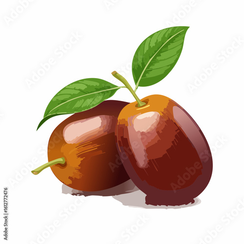 Artistic Illustration of Two Fresh Dates with Green Leaves on a White Background