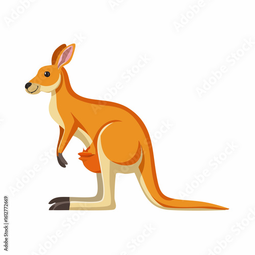 Cartoon kangaroo with joey in pouch standing on a white background illustration