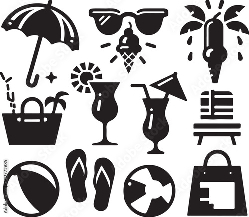 Summer Essentials: A delightful collection of iconic summer elements, featuring a vibrant assortment of sunny day imagery. capturing the pure joy and leisure of the beach.