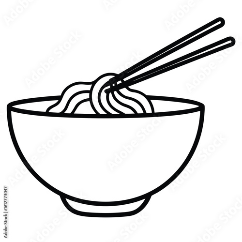 Simple black and white line drawing of a bowl of noodles with chopsticks