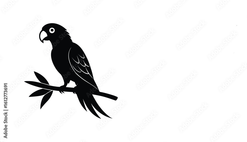 Fototapeta premium Stylish Black Parrot Silhouette - Perched Tropical Bird Vector Icon