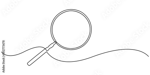 Magnifying Glass Continuous Line Icon, Black magnifying glass in one line art style. Magnifying glass drawing with editable stroke on white background. Vector illustration, minimalism design, Research
