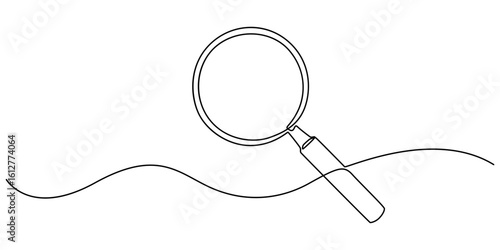 Magnifying Glass Continuous Line Icon, Black magnifying glass in one line art style. Magnifying glass drawing with editable stroke on white background. Vector illustration, minimalism design, Research