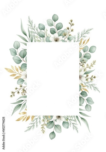 Elegant watercolor floral frame with eucalyptus and gold accents perfect for invitations and cards