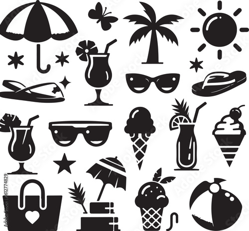Summer Fun Icon Set: A graphic array of summery icons. These eye-catching graphic icons are perfect for creative designs and summer-themed projects. 