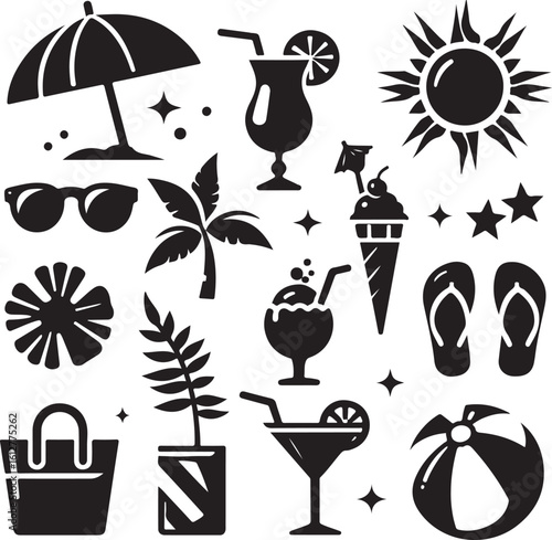 Summer Fun Icons: A collection of silhouette icons representing the quintessential elements of a sun-drenched summer, including beach umbrellas, refreshing drinks.