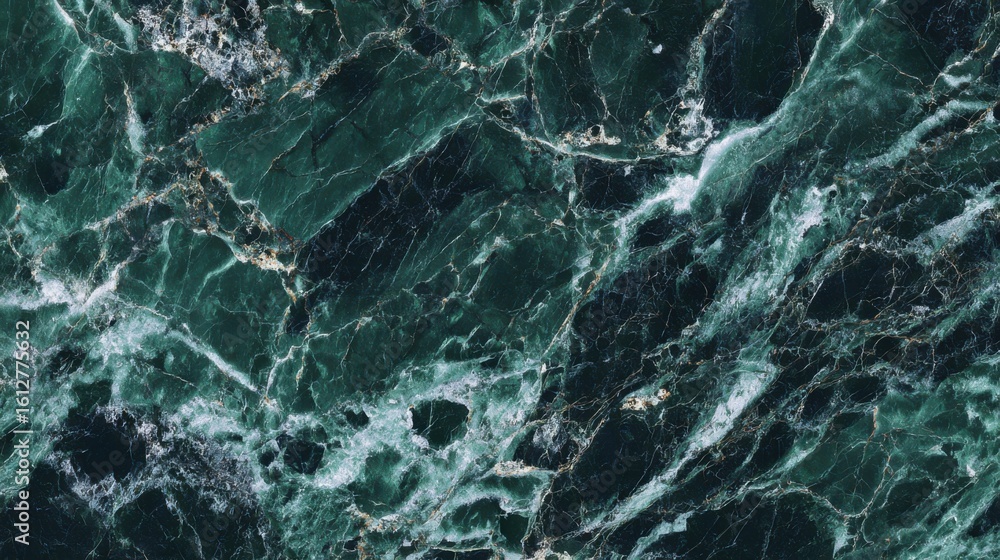 Naklejka premium This captivating dark green marble features intricate swirling patterns and contrasting veins, showcasing a natural stone texture ideal for interior design applications.