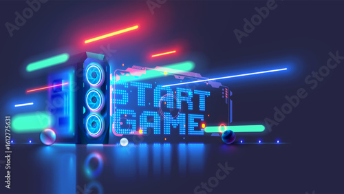 Computer video gaming wallpapers. Background about video game. Gaming computer on the table with the inscription the start game in cyberspace portal. Desktop Gaming computer case or PC in neon light.