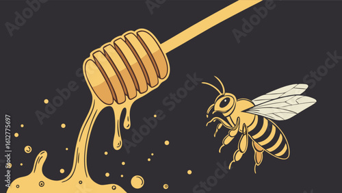 Honey dripping from dipper with flying bee vector illustration for organic food and natural sweetener concept